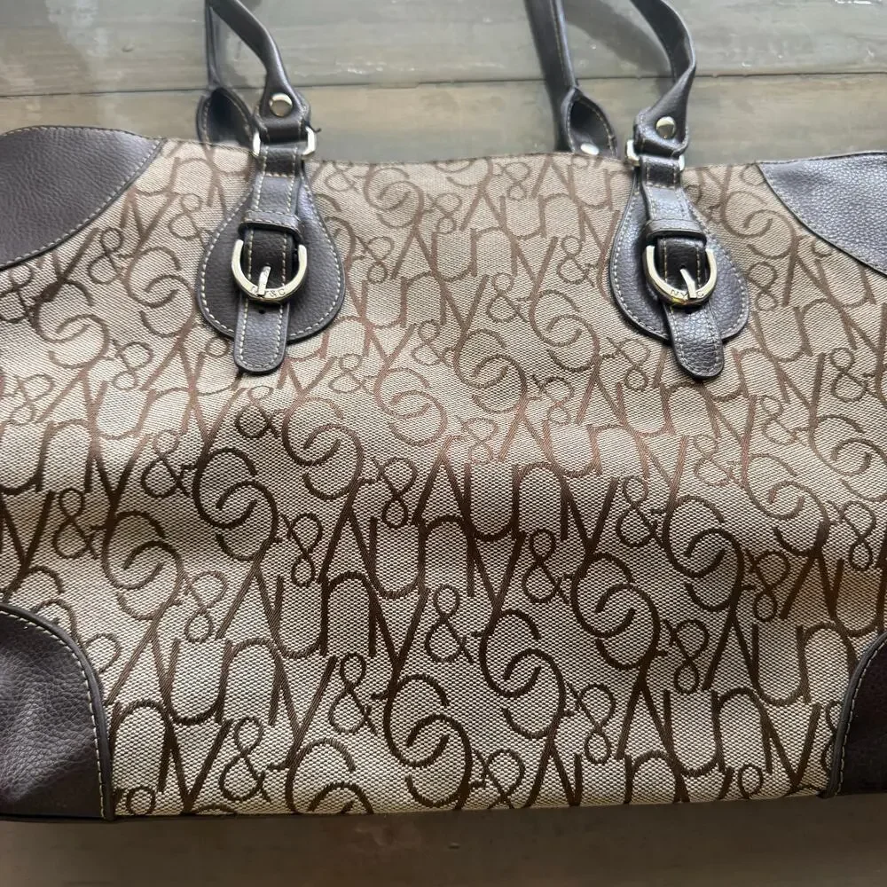 New York & Company Tan Brown Monogram Print Shoulder Tote Bag Purse
